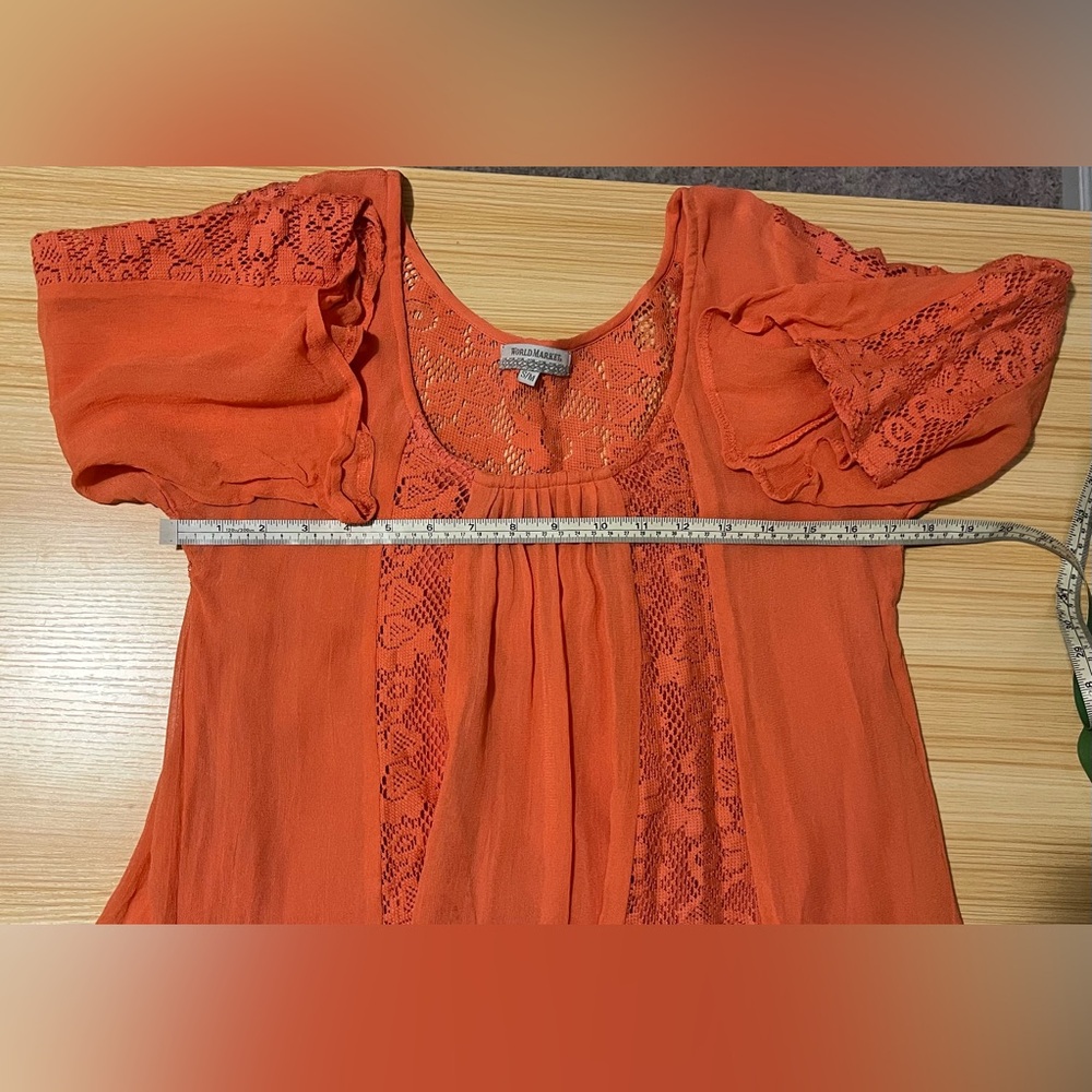 Cost Plus World Market Orange Lace Boho Tunic Top S/M Crochet Sheer Festival - Picture 8 of 10